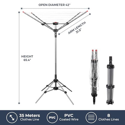 STO STO Portable Umbrella Clothesline, 82 Feet Rotary Drying Rack with Adjustable Height, Freestanding Laundry Line for Backyard, Patio, Balcony & Camping, Easy Setup with Carry Bag, No Tools Required - size: 82 Feet