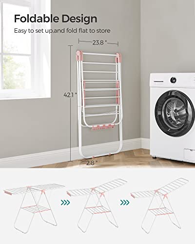 SONGMICS Clothes Drying Rack, Foldable Space-Saving Laundry Drying Rack - color: White + Pink, size: 1 Tier （21.7"d x 58.3"w x 39.4"h）
