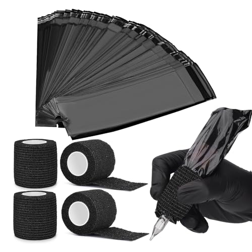 200PCS Tattoo Pen Covers with Self-adhesive Strip 4PCS Tattoo Grip Wrap Bandages Tattoo Machine Bags Tattoo Supplies Accessories (Black, 200pcs Bags+4pcs Tape) - color: Black, size: 200pcs Bags+4pcs Tape