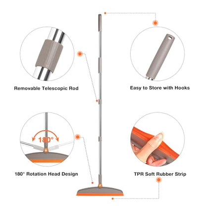 Silicone Air Broom,Multifunction Broom with Long Handle,Adjustable Rubber Sweeping Water,Pet Hair Remover for Carpet,Kitchen,Concrete Floor(Grey Orange)