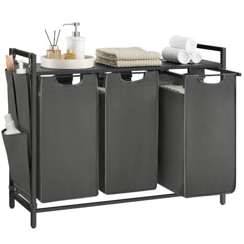 VASAGLE Laundry Hamper with Shelf, 3 Pull-Out Bags, 3 x 10.6 Gallons (40 L) - color: Slate Gray + Charcoal Gray, size: 3 Bags - 120 L