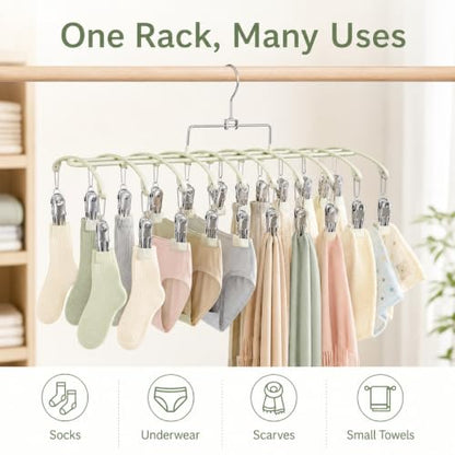 Sock Drying Rack with 20 Clips, Stainless Steel Laundry Hanger for Underwear, Space-Saving Clothes Airer with Foldable Hook, Non-Slip Clip Organizer Drying Station for Small Items
