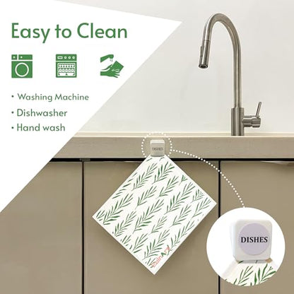 Eulnars Swedish Dishcloths for Kitchen, 8 Pack Green Reusable Paper Towels with Clips, Non-Scratch Swedish Kitchen Towels, Super Absorbent Cellulose Sponge Cloths, Dishwasher Safe, No Odor - color: Green Leaves