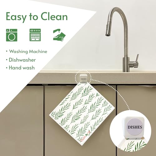 Eulnars Swedish Dishcloths for Kitchen, 8 Pack Green Reusable Paper Towels with Clips, Non-Scratch Swedish Kitchen Towels, Super Absorbent Cellulose Sponge Cloths, Dishwasher Safe, No Odor - color: Green Leaves
