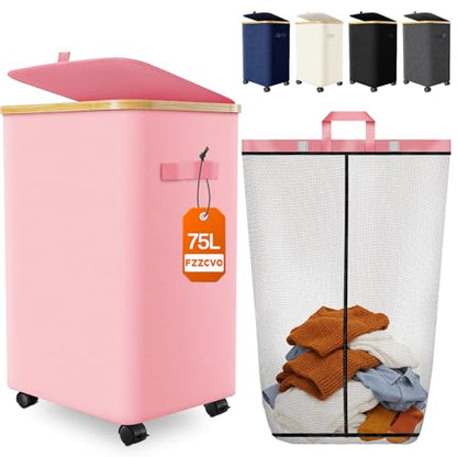 Laundry Hamper with Wheels, 75L Rolling Laundry Basket, Removable Inner Bag - color: Pink, size: 75L