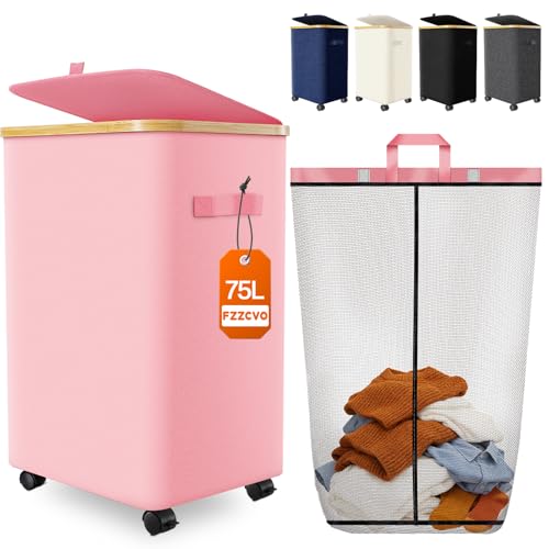 Laundry Hamper with Wheels, 75L Rolling Laundry Basket, Removable Inner Bag - color: Pink, size: 75L