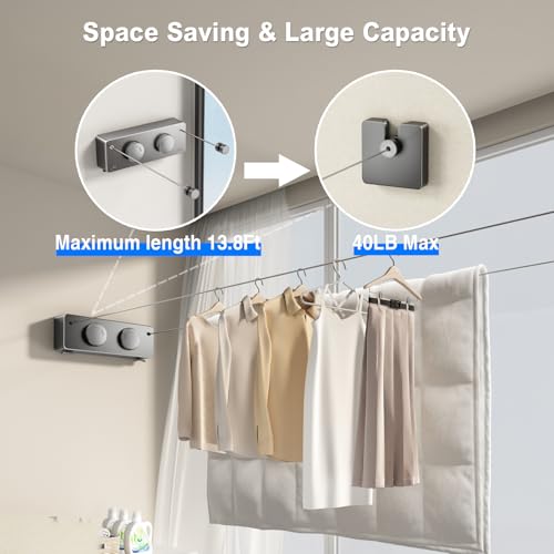 MUSTORN Retractable Clothesline Indoor, Non-Sagging Twin Clothes Line Retracting Outdoor Heavy Duty Clothes Drying Laundry Line Wall Mounted Stainless Steel Double Line-13.8 ft(Gray) - color: Gray