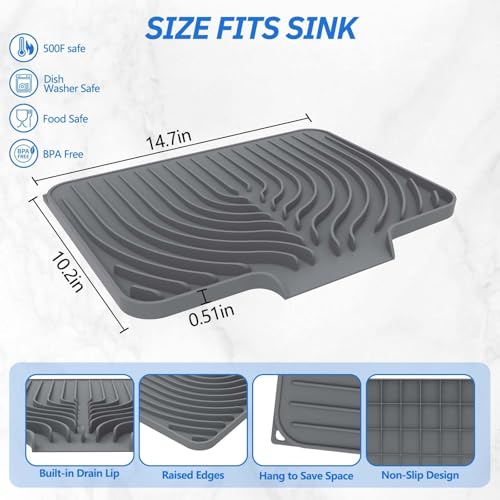 Dish Drying Mat for Kitchen Counter, with Built-in Drain Lip, Food-Grade Silicone, Easy Clean Pad for Countertop Protection, Multi-Functional Use (14.7x10.2, Grey) - color: Gray, style: 14.7x10.2