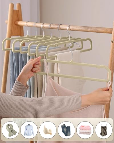 Velvet Hangers Non Slip - 20 Pack Pants Hangers for Closet - Thin Space Saving Clothes Hanger - Strong, Durable, Jean Perchas with 360 Degree Rotatable Hook for Tank Top (Beige Silver Hook) - color: Beige Silver Hook