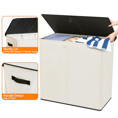 WOWLIVE Laundry Hamper with Lid, 180L Large Laundry Basket 3 Section - color: Beige, size: 180l (31.5x 12.2 X 27.5 Inches)