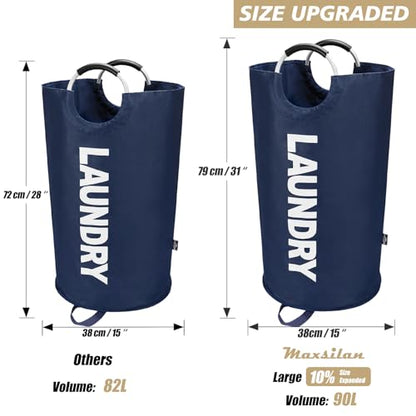 Maxsilan 90L Large Laundry Basket Bag, Collapsible Tall Hamper, Dark Blue - color: Dark Blue, size: 90L