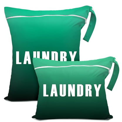2 Pcs Large Travel Laundry Bags - Waterproof Wet/Dry, Washable, Dirty Clothes, Bathing Suit, Workout, Gym Clothes, Swimming, Yoga (Green+Dark Green) - color: Green+Dark Green