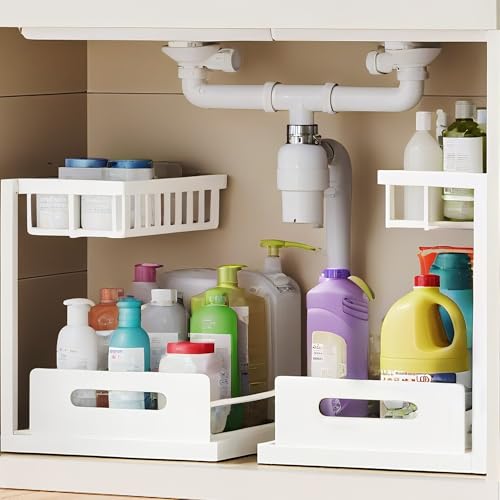VUSIGN 2 Tier Under Sink Organizer, Slide Out Pull Out Cabinet Organizer, Cabinet Kitchen Bathroom Storage Organization Shelf, 2Pack, White