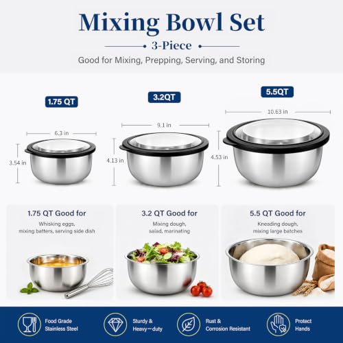 P&P CHEF Mixing Bowls with Lids Set of 3, Black Stainless Steel Salad Bowl - color: Black