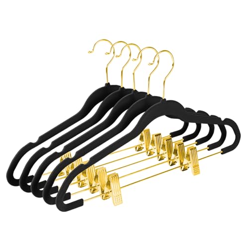 MIZGI Premium Velvet Pants Hangers with Adjustable Clips (Pack of 30) Slim Skirt Hangers- Non Slip Felt Outfit Dress Hangers Black - Gold Hooks,Space Saving Shirt Clothes Hangers - color: Black/Gold, size: 30-Pack