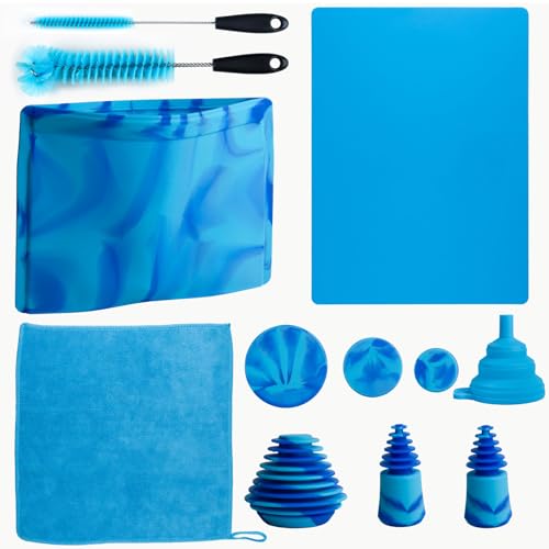 Glass Cleaning Kit with Reusable Silicone Accessories-Complete Set of Cleaning & Storage Tools for Easy Glassware Care, Reusable Microfiber Towel & Soaker Bag, Brushes, Mat, Caps Funnel & Plugs