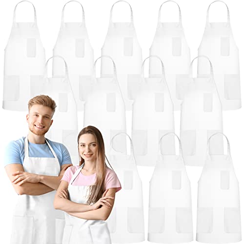 GREEN LIFESTYLE 12 Pack Chef Apron with Pockets – Grilling Aprons for Men, Waterproof Cooking Apron for BBQ, Work or Restaurant Use, Kitchen Aprons for Women with Pockets – White - color: White 3 Pocket