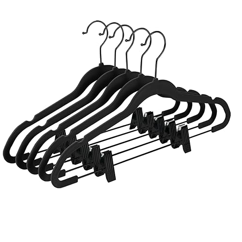 MIZGI Premium All Black Velvet Pants Hangers with Adjustable Clips (Pack of 20) Slim Skirt Hangers- Non Slip Felt Outfit Dress Hangers- Black Hooks,Space Saving Shirt Clothes Hangers - color: Black/Black, size: 20-Pack