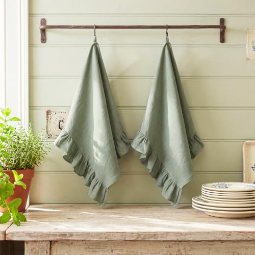 HunnmingRe 2 Pcs Sage Green Kitchen Towels Retro Towels Cotton Ruffled - color: Sage Green, style: Retro