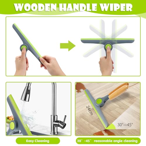 Shower Squeegee for Glass Doors, Car Window Squeegee with Wooden Handle and Hook, Squeegee for Shower Glass Door and Tile (Grey, Green)