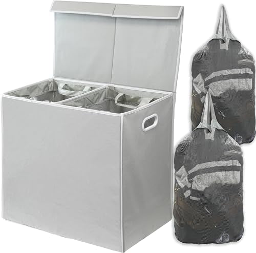 Simple Houseware Double Laundry Hamper with Lid & Removable Bags, Grey - color: Grey