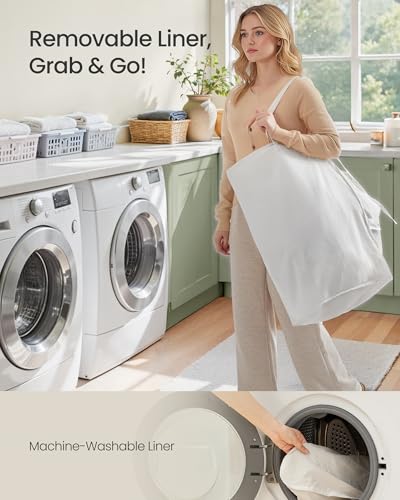 SONGMICS Laundry Hamper with Lid, 23.8 Gal (90 L) Synthetic Rattan,Foldable - color: Summer Sand, size: 90 L