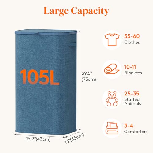 Lifewit 105L Large Laundry Basket with Lid, Laundry Hamper with Plastic Handles and Removable Bag, Foldable Tall Dirty Clothes Hampers for Laundry for Laundry Room, Bedroom, Bathroom, Dorm, Dark Blue - color: Dark Blue, size: 105L