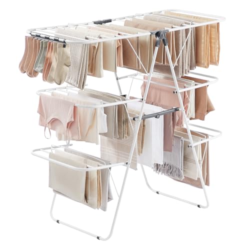 SONGMICS Clothes Drying Rack, Foldable 3-Level Laundry Rack, Free-Standing Large Drying Rack, with Height-Adjustable Wings, 39 Drying Rails, Sock Clips, White and Gray ULLR054W01 - color: White, size: 3 Tiers（21.9"D x 49.8"W x 63"H)