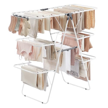 SONGMICS Clothes Drying Rack, Foldable 3-Level Laundry Rack, Free-Standing Large Drying Rack, with Height-Adjustable Wings, 39 Drying Rails, Sock Clips, White and Gray ULLR054W01 - color: White, size: 3 Tiers（21.9"D x 49.8"W x 63"H)