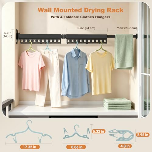 Wall Mounted Clothes Drying Rack Foldable & Space-Saving with 4 Hangers