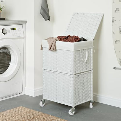 Chrislley Wicker Laundry Basket with Wheels,Rolling Laundry Hamper with Lid - color: White