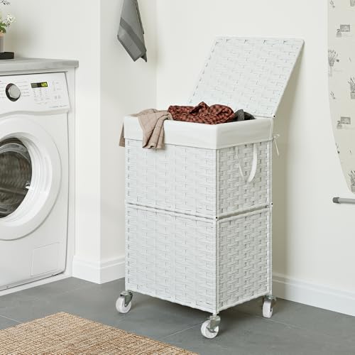 Chrislley Wicker Laundry Basket with Wheels,Rolling Laundry Hamper with Lid - color: White