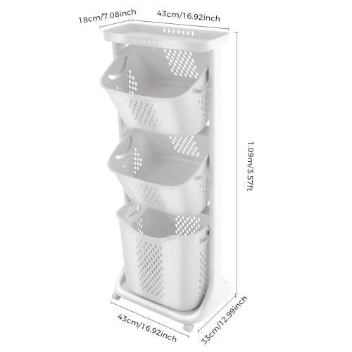 Clothes Hamper 3 Tier Rolling with Top Shelf, PP Plastic Laundry Sorter with Wheels, 3 Section Basket Organizer with Lockable Wheels, Tall Storage Basket for Bedroom Bathroom