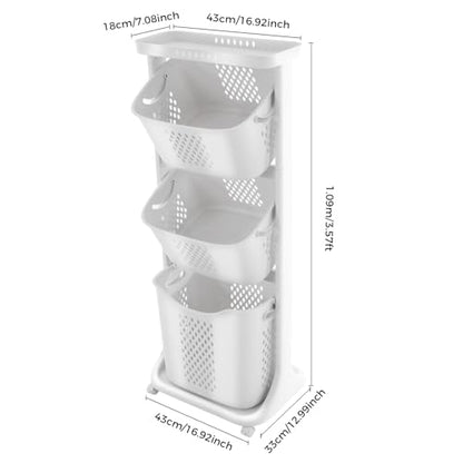 Clothes Hamper 3 Tier Rolling with Top Shelf, PP Plastic Laundry Sorter with Wheels, 3 Section Basket Organizer with Lockable Wheels, Tall Storage Basket for Bedroom Bathroom