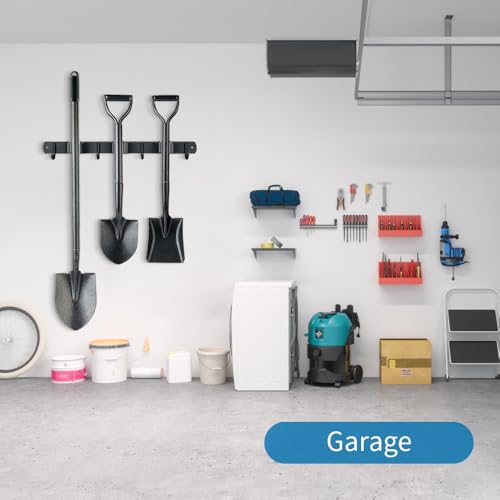 2 Pack Broom Hanger and Mop Holder, Heavy Duty Garden Tool Organizer Rack Rake and Shovel Handle, Stainless Steel Wall Mounted Utility Rack with Screws (3 Racks with 4 Hooks, Matte Black). - color: 2 Pack, size: 3R4H