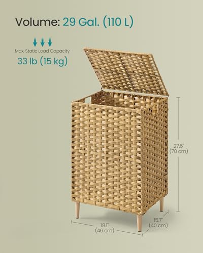 SONGMICS 2-Section Laundry Hamper with Lid, PE Rattan, 29 Gallons (110 L) - color: Goose Yellow, size: 110 L (2 Basket)
