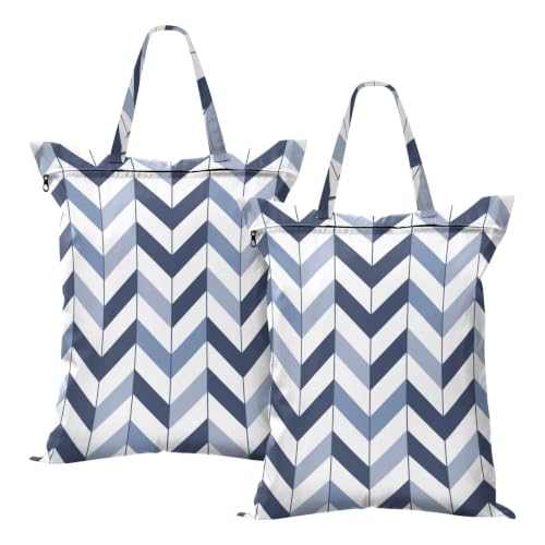 Travel Laundry Bags 2 PC Wet Dry Bag with Handle Dirty Clothes Organizer for Swimsuits Beach Camping Waterproof Washable Navy Blue Herringbone - color: Navy Blue Herringbone