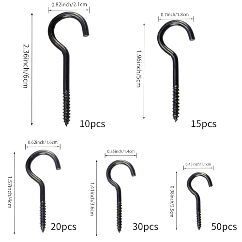 125 Pieces of Screw Cup Hook Set 5 Sizes Ceiling Small Hooks Wardrobe Decoration Hanging Accessories for Hanging Outdoor or Indoor use (0.98" 1.41" 1.57" 1.96" 2.36") (Black) - color: Black