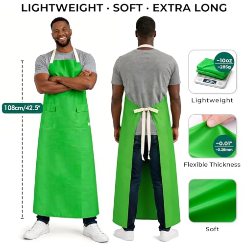 Waterproof Lightweight Vinyl Work Apron for Industrial Use, Extra Long Coverage with Pockets, Heavy-Duty PVC - color: Green