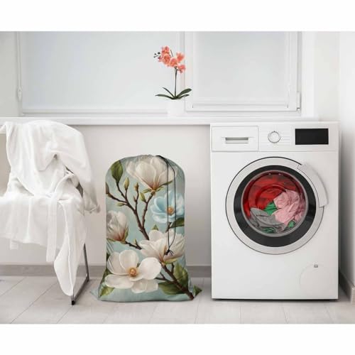 Swono White Flower Laundry Bags With Drawstring XL Travel Storage Bags 28"x40", Heavy Duty Multi Use, Green Leaf Buds Petal Botany Branch Blossom Washable Dirty Clothes Organizer, Easy Fits Laundry - color: White Flower