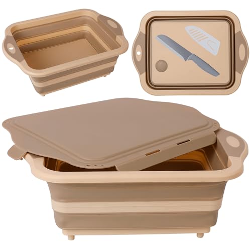 QiMH Collapsible BBQ Prep Tub, Picnic Basket with Lid, Foldable Dish Basin, Food Grade Silicone Cutting Board for Washing and Draining Veggies and Fruits, Portable for Camping, Traveling, and Kitchen - color: sandstone