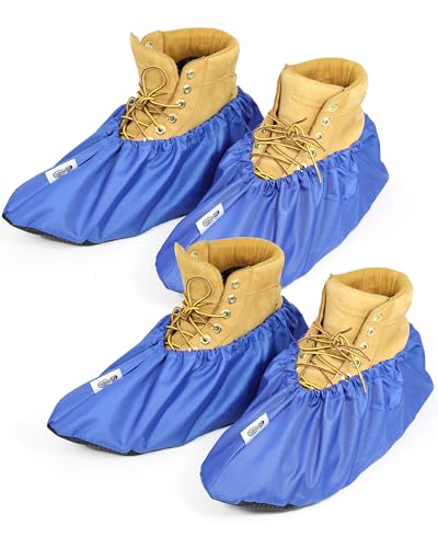 2 Pairs Non Slip waterproof Reusable shoe Covers for contrators and Carpet Floor Protection, Machine Washable. BLUE MEDIUM - color: Blue, size: Medium