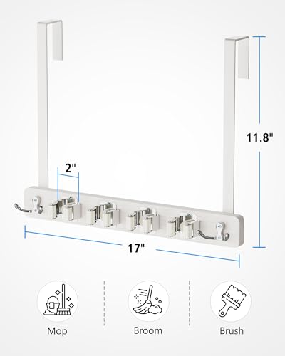 BS-VOG Over the Door Broom and Mop Holder, Broom Hanger, 4 Slots & 4 Hooks - color: White