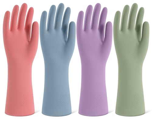 Rubber Cleaning Gloves for Dishwashing, 4 Pairs Reusable Kitchen Gloves for Washing Dishes and Household Cleaning, Colorful Dish Gloves with Flocked Lining and Non-Slip Grip, Pefect for Woman Men - S - color: A-boho, size: Small
