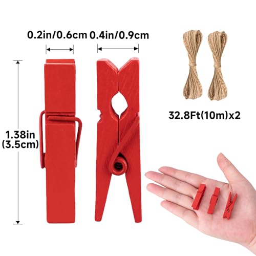 jijAcraft 1.4Inch Mini Clothes Pins - 100Pcs Wooden Clothespins with String - color: Red Red, size: 1.4 inch, 100 pcs
