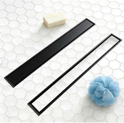 28-Inch Linear Shower Drain, 2-in-1 Reversible Tile Insert Grate, Black 304 Stainless Steel Floor Drain with Hair Strainer & Leveling Feet, Modern Bathroom Shower (Drain Base Not Included) - color: Matte Black, size: 28 inch