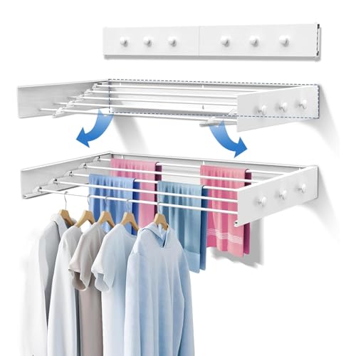 Upgrade 6 Knob Hooks Laundry Drying Rack Clothing, Wall Mounted Clothes Drying Rack 40" Wide, Large Foldable Collapsible Laundry Racks for Drying Clothes with Wall Template, 5 Aluminum Rods