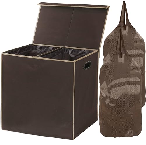 Simple Houseware Double Laundry Hamper with Lid & Removable Bags, Brown - color: Brown
