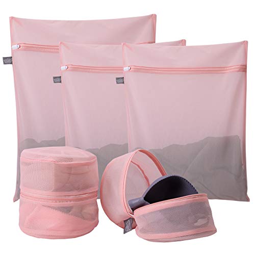Kimmama Lingerie Bag for Washing Delicates, Pink Bra Bags for Laundry, 5pcs - color: Pink, size: 1XL(20x24")+2L(16x20")+2Bra Bag