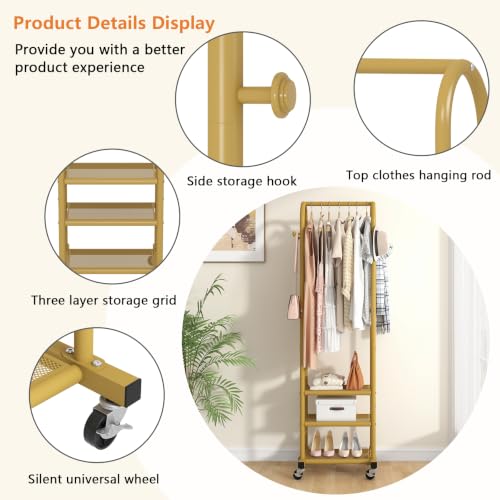 Kaitiemoo Clothing Rack, Mobile Garment Rack with Wheels & 3 Shelves, Gold - color: Gold